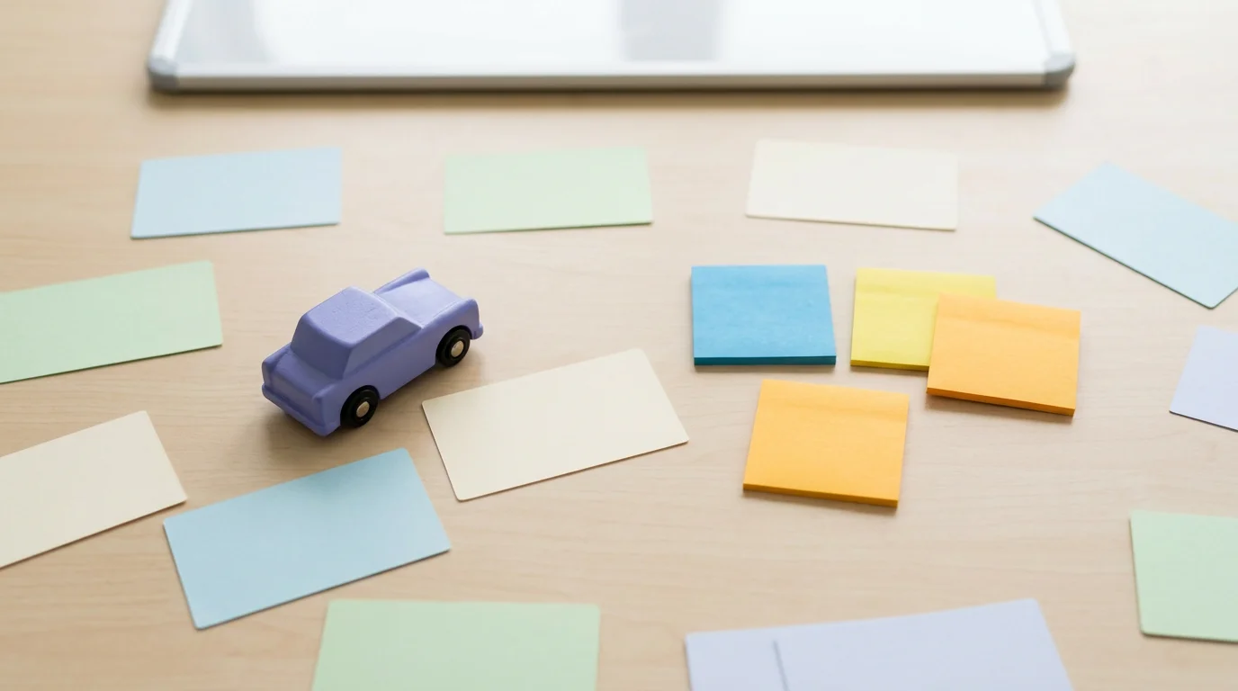 Workshop-Tisch mit Moderationskarten und Skizze eines Schadenszenarios, 1376x768 Pixel, WebP