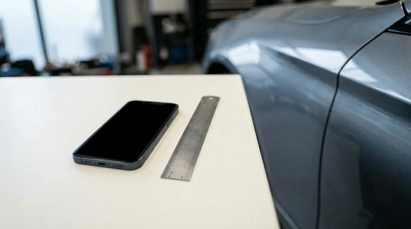 Smartphone und Zollstock neben Fahrzeugdetail, Dokumentation Schaden, 1376x768 Pixel, WebP